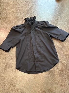 KMJ - Black Ruffle High-Neck Button-Down Blouse